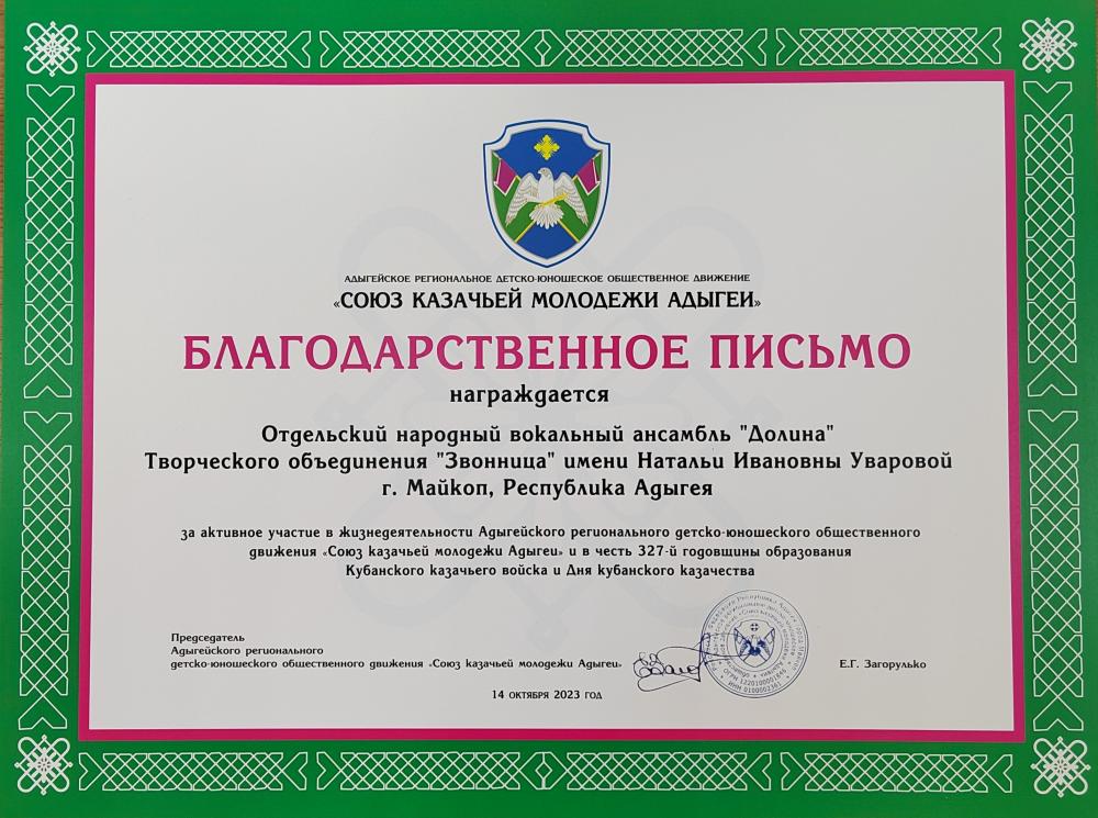 14 октября 2023 года в день образования Кубанского Казачьего войска От