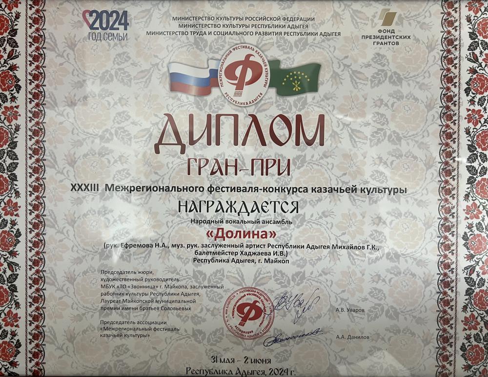 «Долина» - обладатель Гран-при!

Обладателем Гран-при XXXIII Межрегионального фестиваля-конкурса казачьей культуры стал народный вокальный ансамбль «Долина»  (руководитель заслуженный работник культуры Республики Адыгея Горлиенко Д.П., хормейстер  Ефремова Н.А., музыкальный руководитель заслуженный артист Республики Адыгея Михайлов Г.К., балетмейстер Хаджаева И.В.).

Ансамбль «Долина» стал лучшим не только среди участников первого тура конкурса, но и набрал наивысший балл во втором туре среди победителей. Представительное жюри из Республики Адыгея, Краснодарского края и Ростовской области по достоинству оценило уровень наших артистов, поставив наивысшие баллы за сложную конкурсную программу.

Для справки: в финале конкурса боролись за победу 62 участника из: Волгоградской, Ростовской, Орловской, Омской, Свердловской, Томской, Тамбовской, Кировской областей; республик Крым, Дагестан, Адыгея, Чечня, ЛНР; Краснодарского, Забайкальского, Ставропольского края, и город Москва.

Творческий тандем участников вокального ансамбля и музыкантов из ансамбля «Отрада» послужил достижению наивысшего результата, подтвердив высокий статус «Долины» одного из лучших народных хоровых коллективов России.
